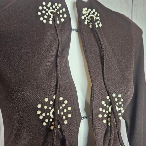 VTG 70s Chocolate Brown Duster with Beaded Sunburst Detailing, Tie Closure, sz 8 - Picture 4 of 9